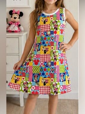Vintage Disney Minnie Mouse Patchwork Dress Girls 10/12 Youth Medium Colorful